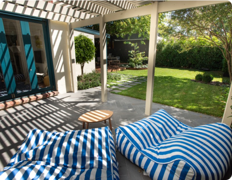 Pergola seating area with open lawn beyond, Sandringham